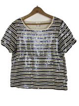 Chicos Size 1 Medium Sequin Top White Blue Gray Stripe Party Club Evening Wear - £29.24 GBP