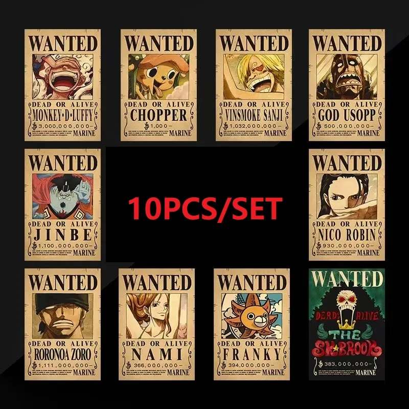 10PCS Anime Luffy Straw Hat Pirates One Piece Wanted Poster Stickers Vintage - £14.38 GBP