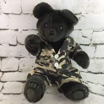 Vintage Black Bear Plush Teddy Classic Jointed Stuffed Animal In Camo Fatigues - £15.81 GBP