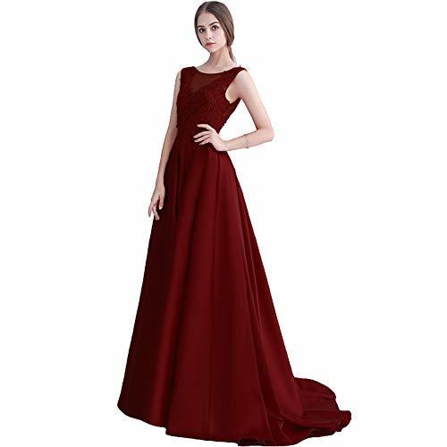 Sheer Bateau Beaded Lace Appliques A Line Long Prom Evening Dress Burgundy US 8