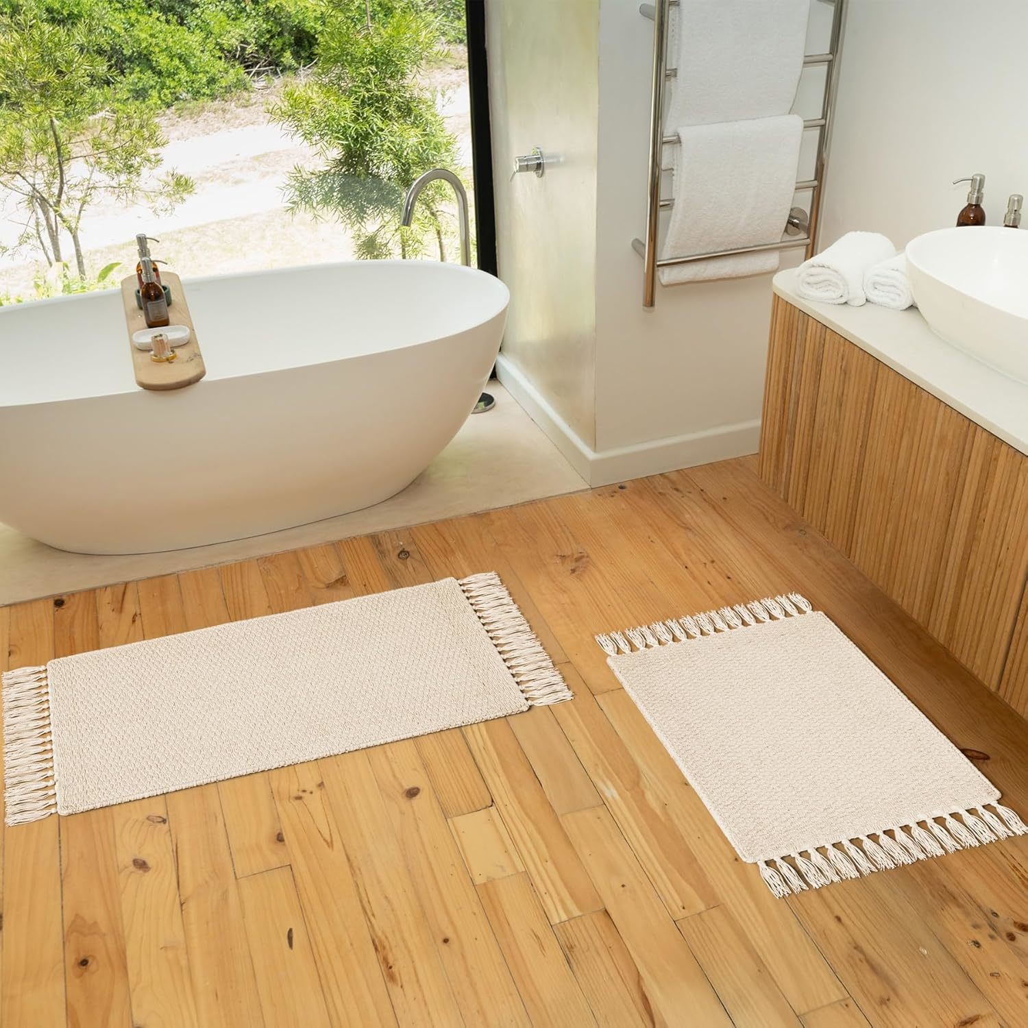 Kibaga Set Of 2 Soft Boho Bathroom Rugs With Tassels - Beautiful Boho Co... - $44.96