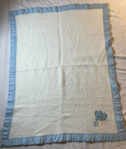 Vintage Cuddle Time Baby Blanket Off White Acrylic with Blue Binding Bear Blocks - £16.06 GBP