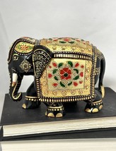 Handmade Wooden Carved Elephant Up Trunk Statue Meenakari Painting Vintage luck - £33.68 GBP