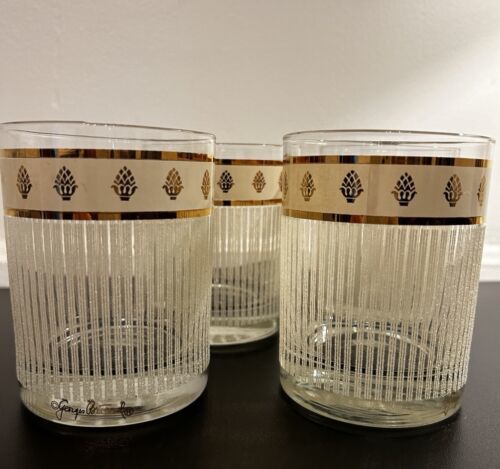 Primary image for Vintage Georges Briard Double Old Fashioned Glasses Gold Striped Mid Century