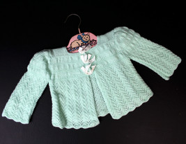 Vintage Mint Green Baby Sweater Hand Knit Girl White Ribbons Doll Size Too - £19.78 GBP