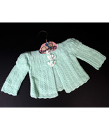 Vintage Mint Green Baby Sweater Hand Knit Girl White Ribbons Doll Size Too - £19.49 GBP