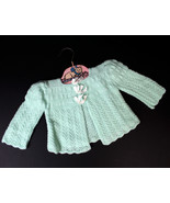 Vintage Mint Green Baby Sweater Hand Knit Girl White Ribbons Doll Size Too - £18.74 GBP