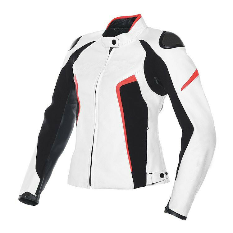 Women Black White Cont Motor Bike Red Striped Genuine Leather Safety Pads jacket