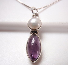 Cultured Pearl and Amethyst Marquise 925 Sterling Silver Necklace Corona Sun - £12.03 GBP