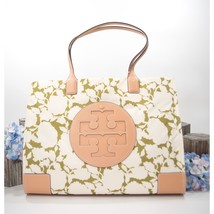 Tory Burch Ella Green Bold Flower Print Nylon Natural Leather Large Tote... - $291.56