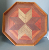 Large Hexagon Wooden Tray Multi Stained Inlaid Design 4.5&quot;  Made in Phillipines - £43.91 GBP