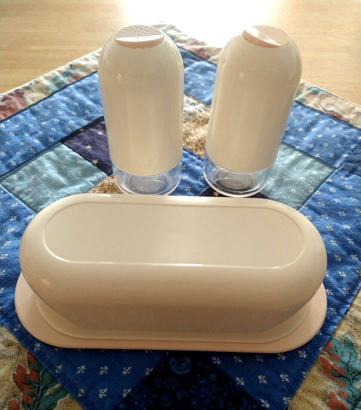 Primary image for Tupperware Pink & Ivory Salt /Pepper Shakers 2314A  and Butter Dish Lot of 4 Vtg