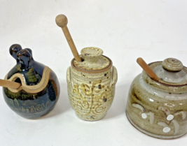 3 Vintage Studio Pottery Honey Pot Sugar Bowl with Lid Wooden Dipper Signed - £21.97 GBP