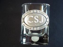 Square clear heavy shot glass pewter monogram oval CSJ - £4.69 GBP