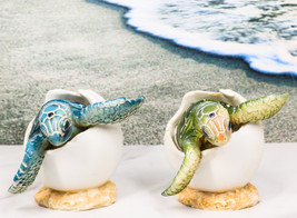 Pack Of 2 Marine Blue And Green Sea Turtle Hatchlings In Egg Shells Figurines - £19.76 GBP