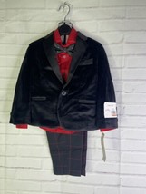 Calvin Klein Toddler Boys 4 Piece Suit Set Velvet Jacket Blazer Black Red 2T - £54.26 GBP