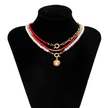 IngeSight.Z Women Red Color Crystal Beads Chain Choker Necklaces Multi Layered I - £33.76 GBP