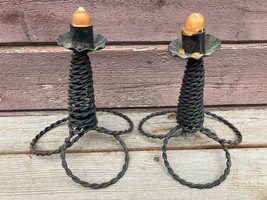 Pr 2 Vtg Rope Design Wrought Iron Black Candle Holders Candle Stands - £15.78 GBP