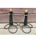 PR 2 VTG ROPE DESIGN WROUGHT IRON BLACK CANDLE HOLDERS CANDLE STANDS  - £15.40 GBP