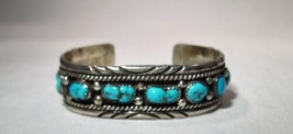 Vintage Handmade Navajo Sterling Silver Turquoise Signed Cuff Bracelet K1139 - £259.23 GBP
