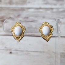 Vintage Clip On Earrings Elegant Gold Tone &amp; White - Unusual - £12.01 GBP