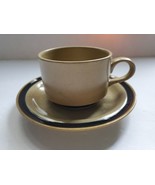 Coffee Cup &amp; Saucer Stoneware Japan Beige Blue 3.5&quot; Wide 2.5&quot; Tall Inter... - $16.22