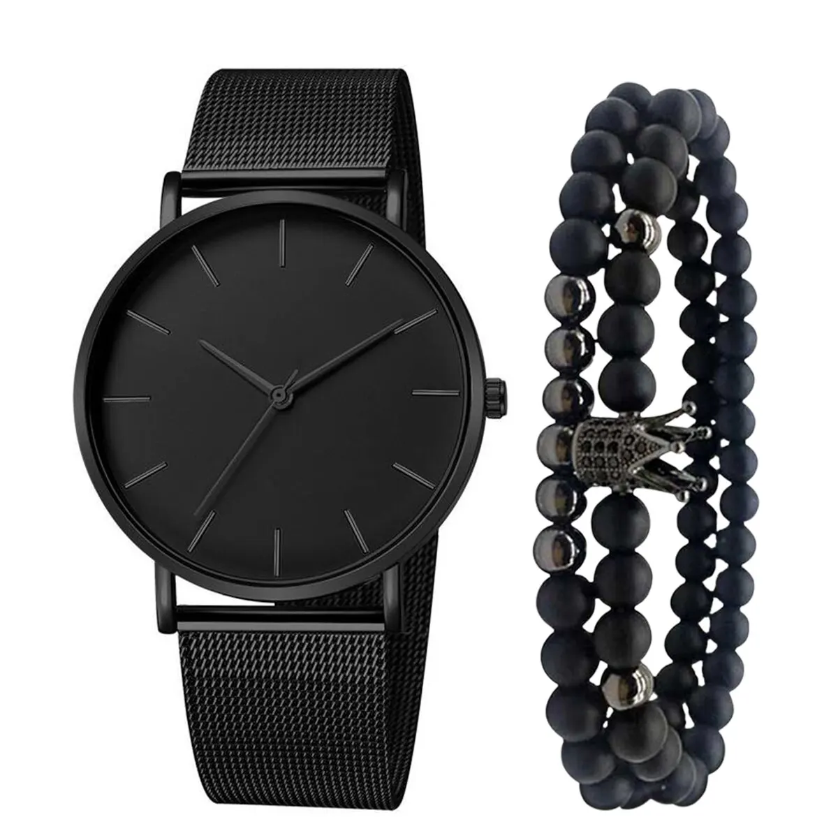 3PCs Men&#39;s Simple  Belt Watch +  Crown Beads String celet Set - £44.21 GBP