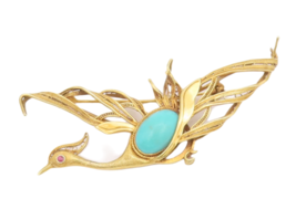 14K GOLD Vintage Brooch Pin Swirly Cutout Ruby Eyed &amp; Gemstone Flying Bird GB202 - $958.96