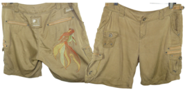 Da-Nang Women&#39;s Tan Silk Blend Lightweight Cargo Shorts Koi Embroidery S... - £31.44 GBP