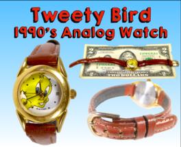 Tweety Bird Kid&#39;s Size Analog Watch, New Battery, Running, Leather Band,  1990&#39;s - £17.68 GBP