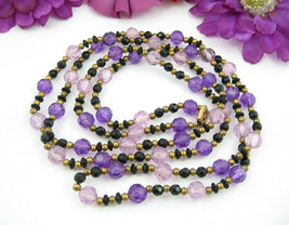 SHADES OF PURPLE Black Goldtone Bead NECKLACE Vintage Beaded Lavender 52&quot; - $12.99
