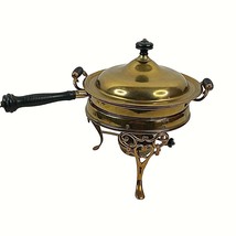 Vintage Copper Brass Wood Handle Fondue Chafing Dish w Sterno 5 Pc - £28.63 GBP