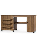 Folding Sewing Table Shelves Storage Cabinet Craft Cart with Wheels-Natu... - $363.11 CAD