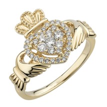 Yellow Gold Plated Round Moissanite Cluster Heart Ladies Promise Claddagh Ring - £52.30 GBP