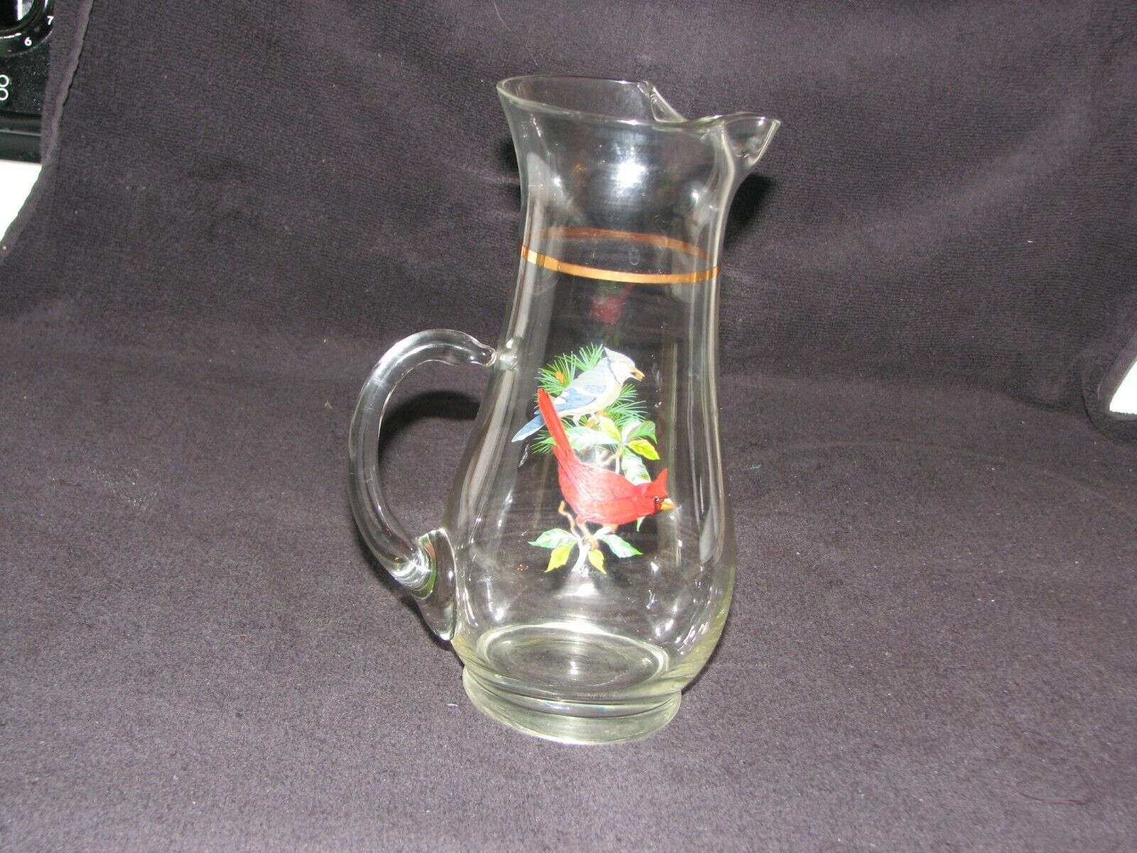 VINT. Water Pitcher, Hand Blown and painted Bird Picture. Pinched Spout 2.5 Qt. - $16.83