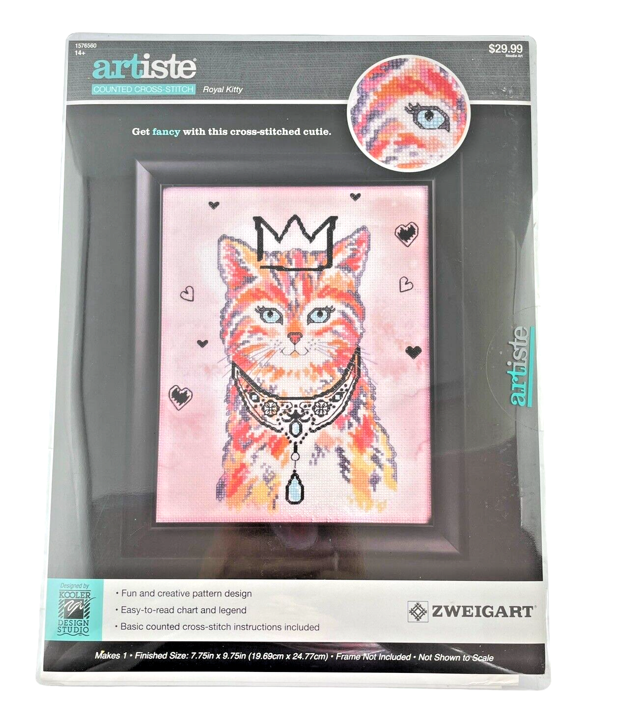 Artiste Counted Cross Stitch ROYAL KITTY Calico Cat Queen Hearts 7.75x9.75 in. - £14.39 GBP