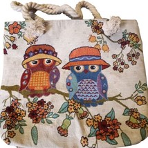 Woodsy Owl Floral Tapestry Rope Handles Zip Close Retro Boho Tote Bag 16.5&quot;t EUC - £14.91 GBP