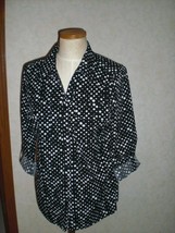 Notations Roll Tab Sleeve Shirt Blouse Black W/White Dots Button Front S... - $15.99
