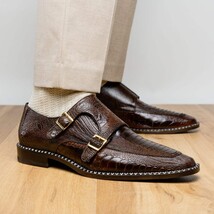 Genuine Ostrich Leg Double Monk Strap Shoes Napoli Brown image 10