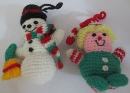 Vtg Crochet Snowman &amp; Doll Elf Plush Handmade Handcrafted Christmas Figure - £11.97 GBP