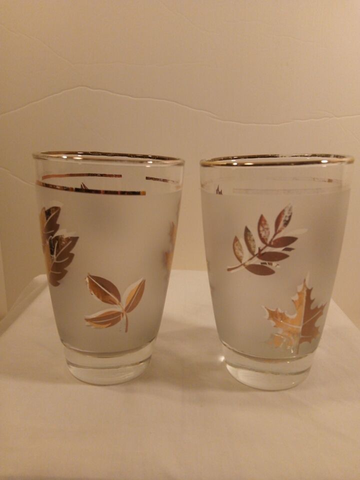 Primary image for 2- Vintage Libbey "Golden Foliage" Frosted Gold Trim/ Leaves Tumbler Barware MCM