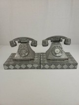 Pair of Hammered &amp; Designed Aluminum Rotary Phone Sculpture Bookends ART DECO  - £70.76 GBP