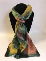 Hand Painted Silk Scarf Sunburst Yellow Green Brown Women Rectangle Unique Gift  - £44.04 GBP