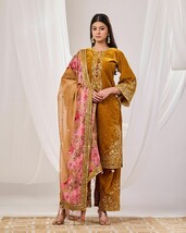 Mustard Velvet Suit Set with Sequined Embellishments and Printed Organza... - $70.00