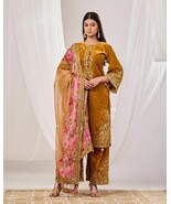 Mustard Velvet Suit Set with Sequined Embellishments and Printed Organza... - $70.00