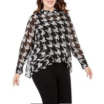 INC Womens Plus 1X Black White Houndstooth Sheer Collared Button Up Top NWT DH23 - £23.19 GBP