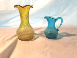 2 Vintage Crackle Glass Pieces - Blue Tiny Pitcher  Amber-Gold But Vase - £11.97 GBP