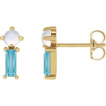 14K Yellow Gold Natural Rainbow Moonstone &amp; Natural Swiss Blue Topaz Earrings - £205.59 GBP