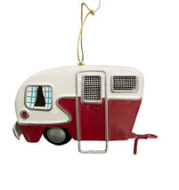 Silver Tree  Ornament Red White Tin tear Drop Camper Trailer Camping 4 in - £10.58 GBP