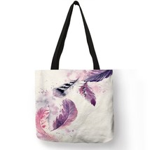 Watercolor Painting Feather Women Eco Linen Tote Bag Foldable Reusable Storage P - £11.49 GBP